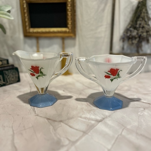 VINTAGE Indiana Glass Westmoreland Red Tulip Glass Sugar & Creamer - Picture 7 of 16